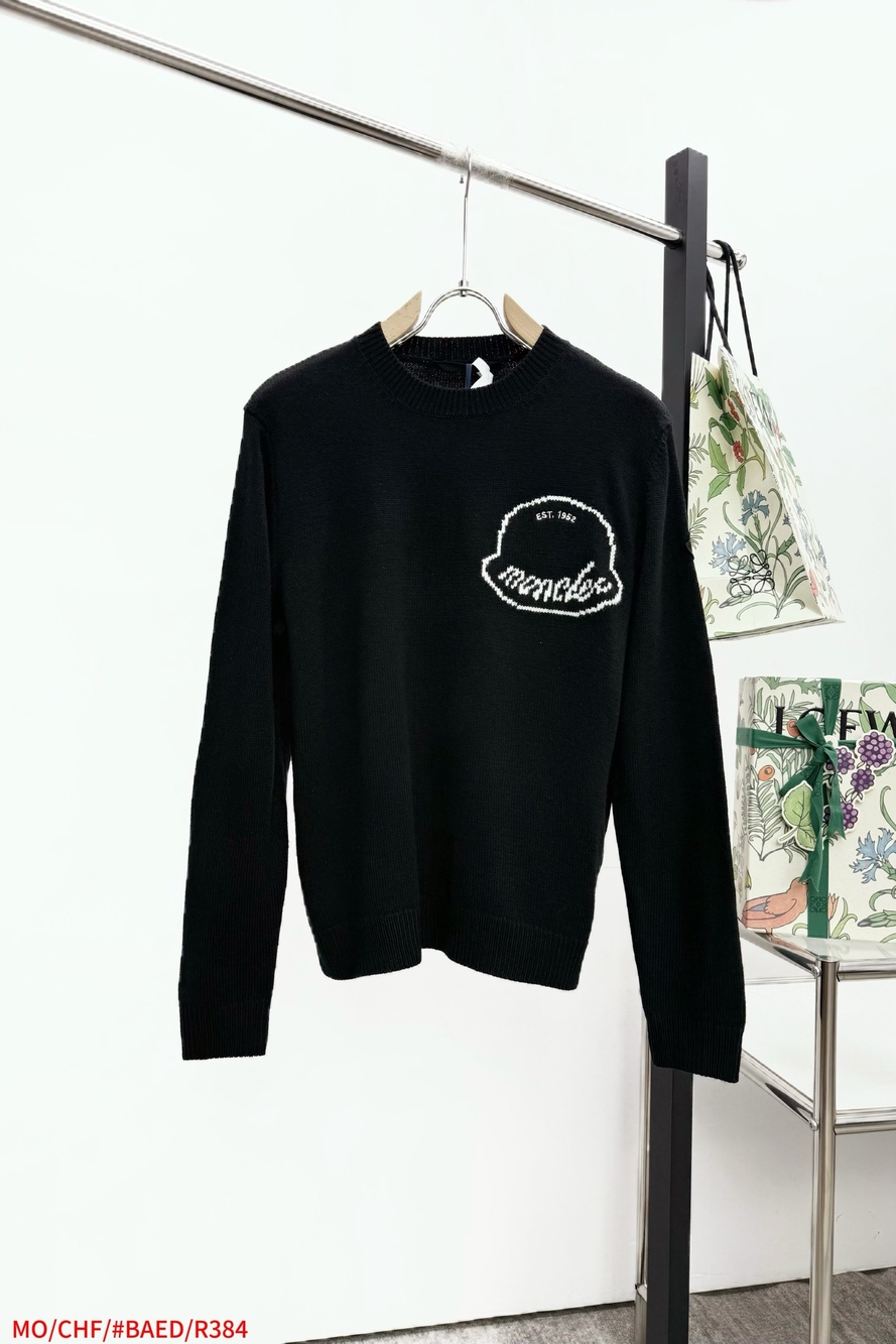 ⚝Moncler Mens Cashmere Knit Top Graphic Hat Jacquard Crew Neck Sweater